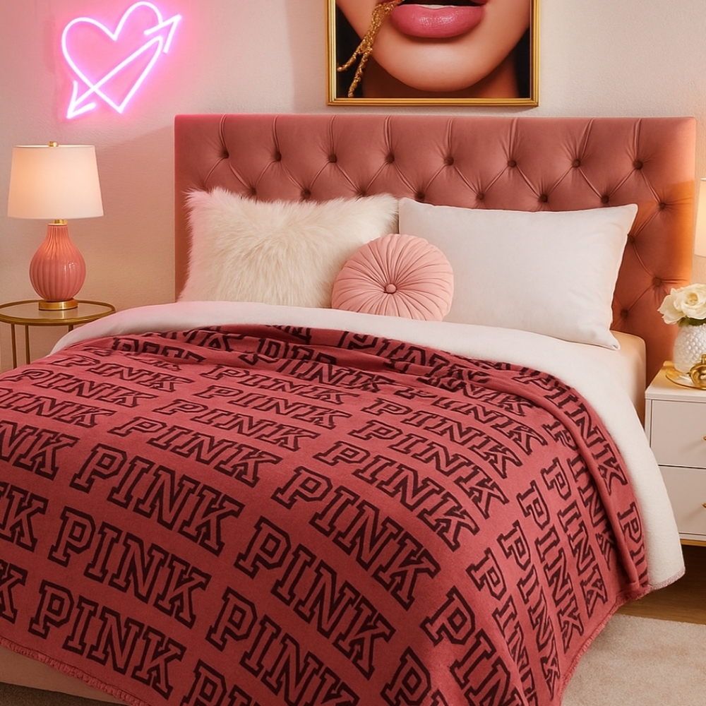 Victoria's Secret PINK LOGO Mauve Reversible Sherpa Blanket